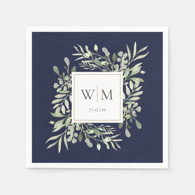 Elegant Navy Blue Greenery Gold Monogram Napkins (Front)
