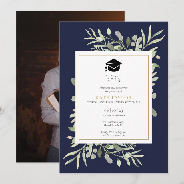 Elegant Navy Blue Greenery Photo Graduation Party Invitation (Front/Back)