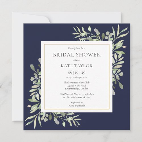 Elegant Navy Blue Greenery Wedding Bridal Shower Invitation - Featuring delicate watercolor leaves on a navy blue background, this chic bridal shower invitation can be personalized with your special bridal shower details. Designed by Thisisnotme©