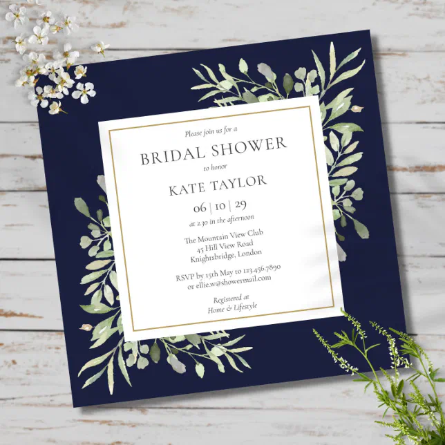 Elegant Navy Blue Greenery Wedding Bridal Shower Invitation | Zazzle