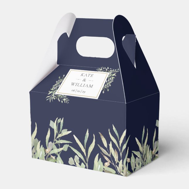 Elegant Navy Blue Greenery Wedding Favor Box (Front Side)