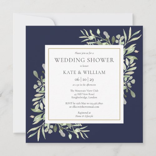 Elegant Navy Blue Greenery Wedding Shower Invitation