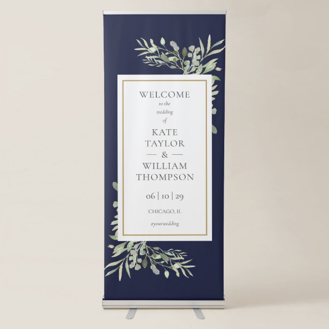 Elegant Navy Blue Greenery Wedding Welcome Retractable Banner (Front)