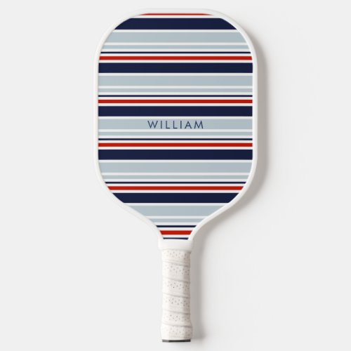 Elegant Navy Blue  Grey Coastal Stripes Custom Pickleball Paddle