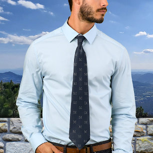 Elegant Navy Blue Grey Monogram Personalized Neck Tie