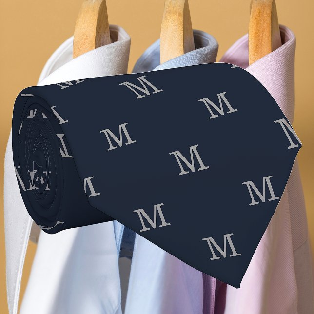 Elegant Navy Blue Grey Monogram Personalized Neck Tie (Creator Uploaded)