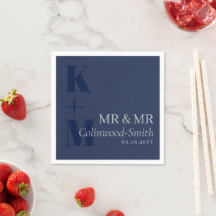 Elegant Navy Blue Grey Typography Initials Mr & Mr Napkins