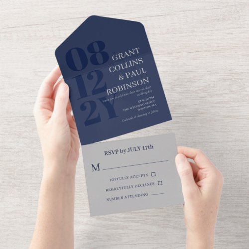 Elegant Navy Blue Grey Typography Wedding All In One Invitation