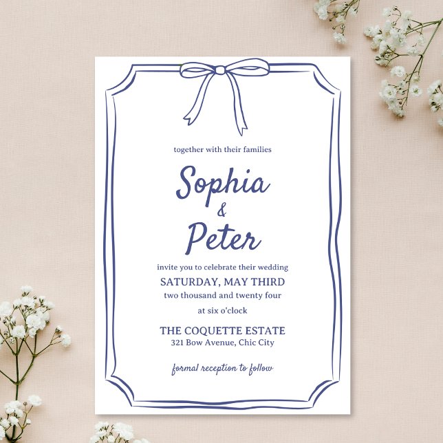 Elegant Navy Blue Hand-Drawn Bow Timeless Wedding Invitation (Chic and minimalist, this navy blue bow wedding invite adds a refined touch to your special day.)