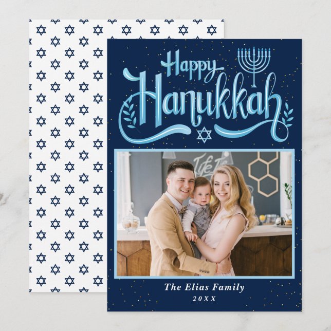 Elegant Navy Blue Happy Hanukkah Photo Holiday Card (Front/Back)