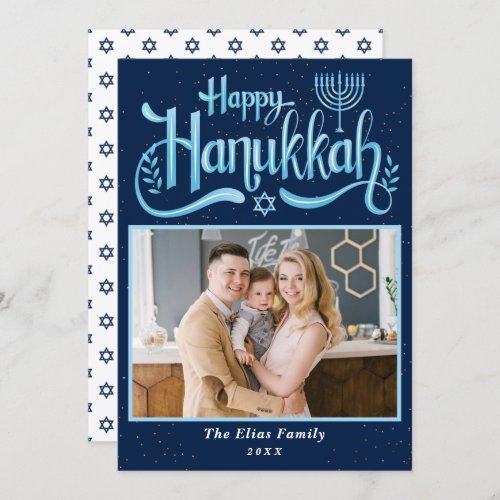 Elegant Navy Blue Happy Hanukkah Photo Holiday Card