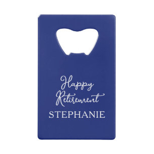 Elegant Navy Blue Happy Retirement Party Credit Card Bottle Opener