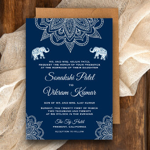 Elegant Navy Blue Henna Indian Wedding Invitation
