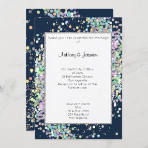 ELEGANT NAVY BLUE HOLOGRAPHIC PASTEL WEDDING INVITATION