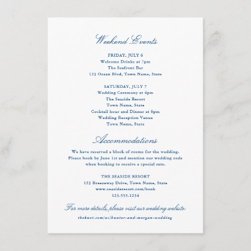 Elegant Navy Blue Hotel and Weekend Events Enclosure Card