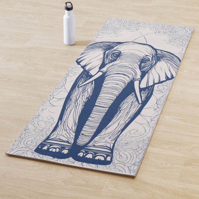 Elegant Navy Blue Indian Elephant Line Art Spiritu Yoga Mat (In Situ)
