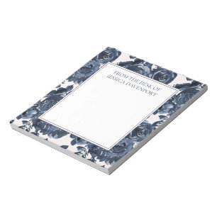 Elegant Navy Blue Indigo Floral White From Desk Notepad