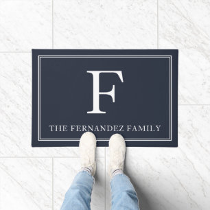 Elegant Navy Blue Initial Family Name Doormat