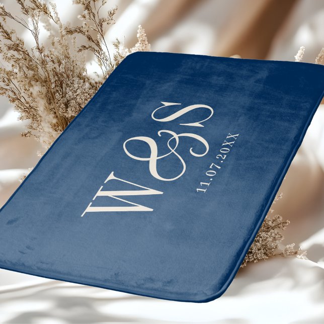 Elegant navy blue initial wedding couples bath mat (Creator Uploaded)