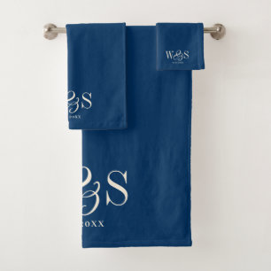 Elegant navy blue initial wedding couples bath towel set