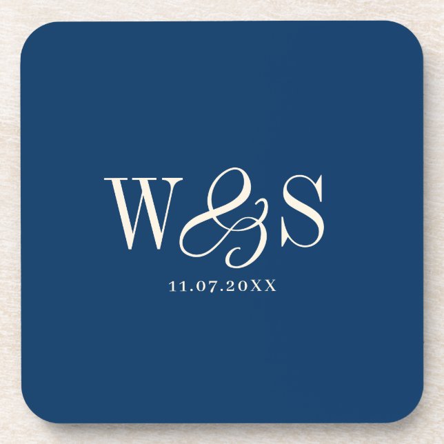 Elegant navy blue initial wedding couples beverage coaster (Front)