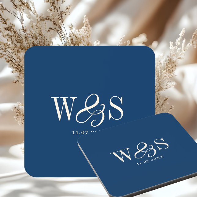 Elegant navy blue initial wedding couples beverage coaster (Creator Uploaded)