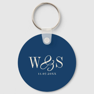 Elegant navy blue initial wedding couples keychain