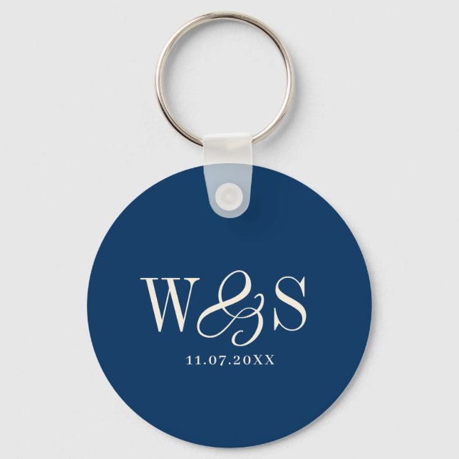 Elegant navy blue initial wedding couples keychain (Front)