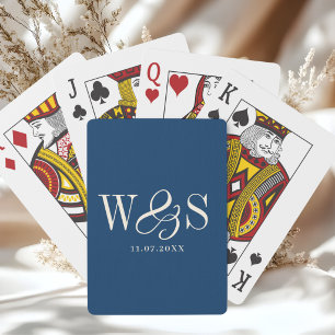 Elegant navy blue initial wedding couples poker cards