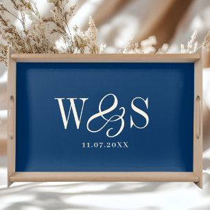 Elegant navy blue initial wedding couples serving tray
