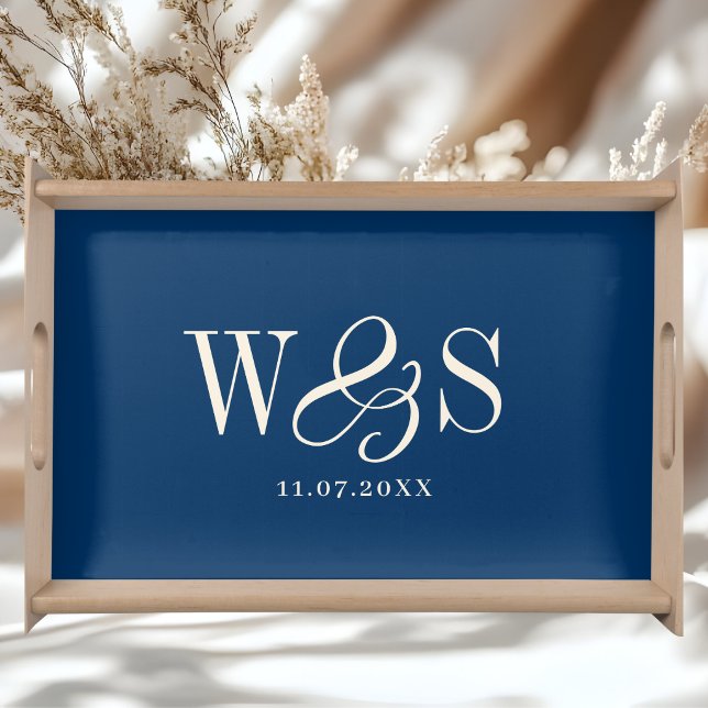 Elegant navy blue initial wedding couples serving tray (Creator Uploaded)