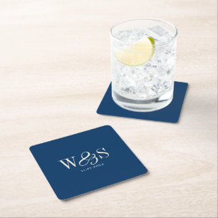 Elegant navy blue initial wedding couples square paper coaster