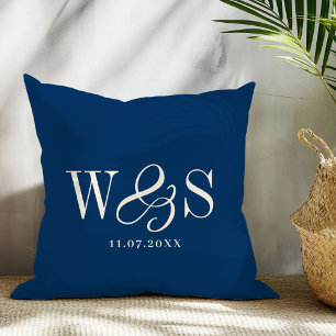 Elegant navy blue initial wedding couples throw pillow