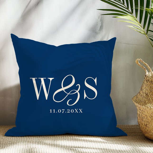 Elegant navy blue initial wedding couples throw pillow (Creator Uploaded)