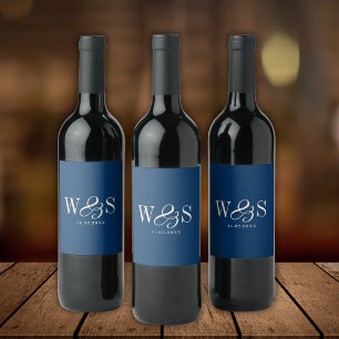 Elegant navy blue initial wedding couples wine label