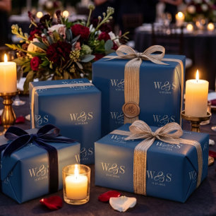 Elegant navy blue initial wedding couples wrapping paper