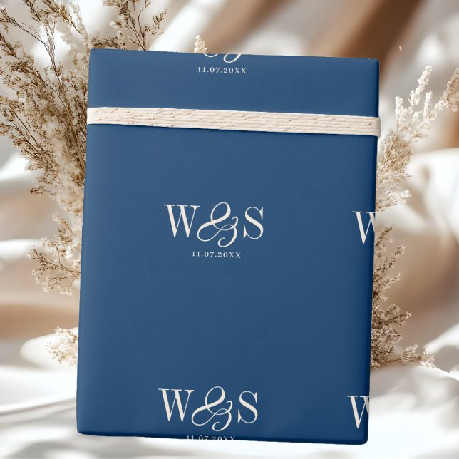 Elegant navy blue initial wedding couples wrapping paper (Creator Uploaded)