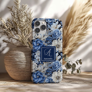 Elegant Navy Blue Ivory Floral Luxury iPhone Case