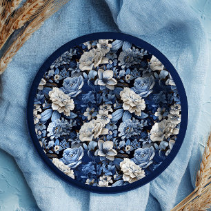 Elegant Navy Blue Ivory Floral Luxury Paper Plates