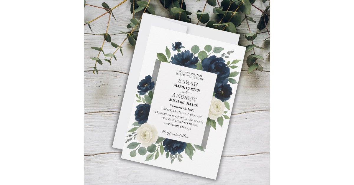 Elegant Navy Blue & Ivory Floral Wedding Invitation | Zazzle