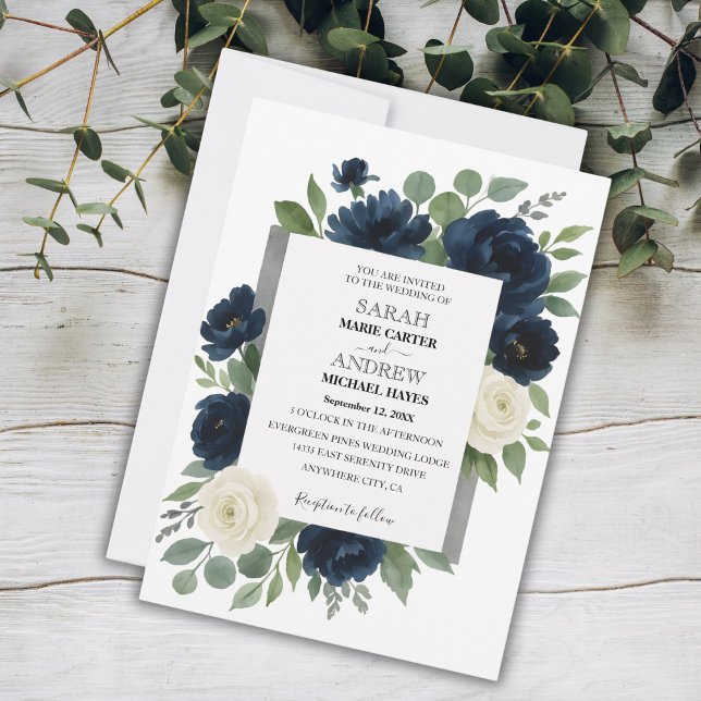 Elegant Navy Blue & Ivory Floral Wedding Invitation (Elegant Navy Blue & Ivory Floral Wedding Invitation)