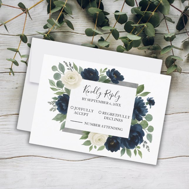 Elegant Navy Blue & Ivory Floral Wedding RSVP Card (Elegant Navy Blue & Ivory Floral Wedding RSVP Card)