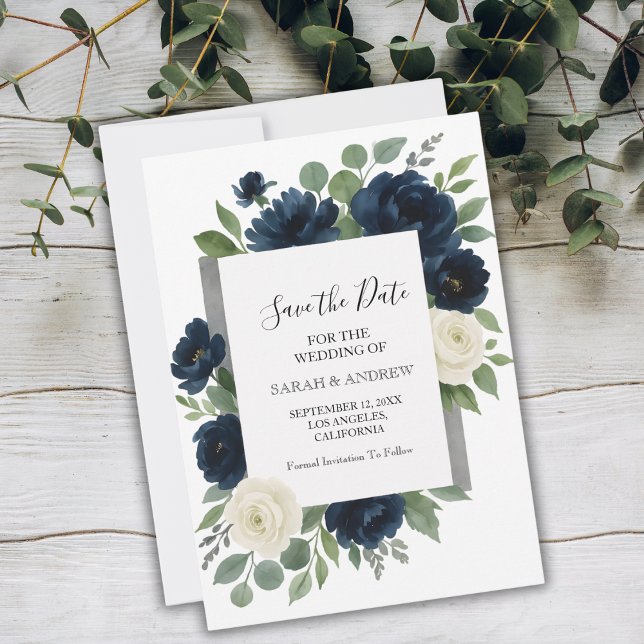 Elegant Navy Blue & Ivory Floral Wedding Save The Date (Elegant Navy Blue & Ivory Floral Wedding Save The Date)
