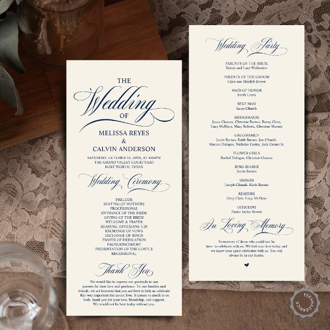 Elegant Navy Blue Ivory Script Wedding Ceremony Program (Elegant Cream and Grey Script Wedding Ceremony Order Program Card in Navy Blue and Ivory)