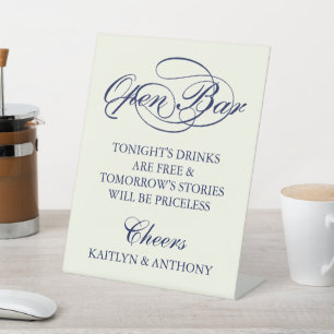 Elegant Navy Blue & Ivory Script Wedding Open Bar Pedestal Sign