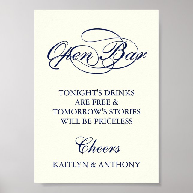 Elegant Navy Blue & Ivory Script Wedding Open Bar Poster (Front)