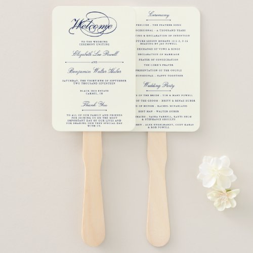 Elegant Navy Blue  Ivory Script Wedding Program Hand Fan