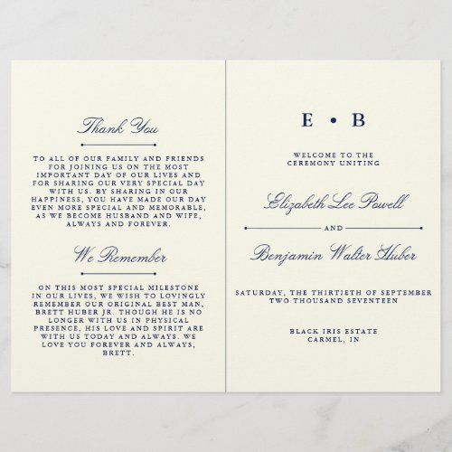 Elegant Navy Blue  Ivory Wedding Program Template