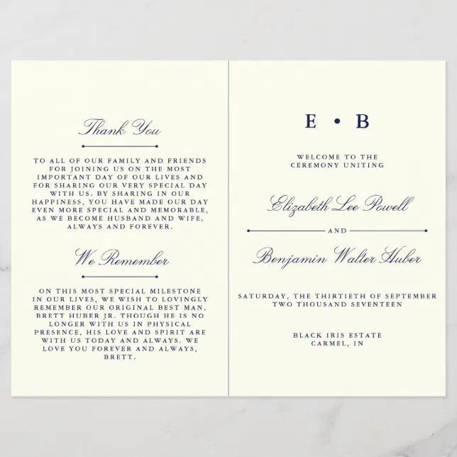 Elegant Navy Blue & Ivory Wedding Program Template | Zazzle