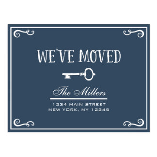 Elegant Navy Blue Key Moving Announcement Postcard